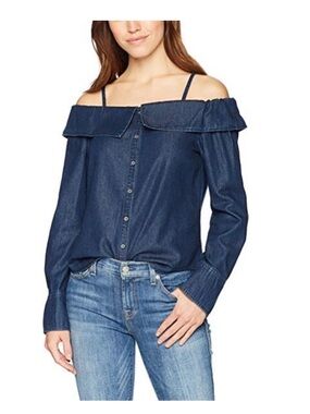 Paige Dark Denim Blue Lunetta Button Off Shoulder Statement Collar Long XS